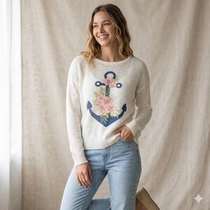 Mia & Tess Womens Medium Knit Sweater Anchor Floral Nautical Coastal Cottagecore